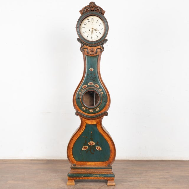 19th Century Hand Painted Swedish Mora Grandfather Clock 19th-century Swedish Mora grandfather clock crafted in pine with...