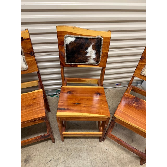 Vintage Rustic Wood Dining Chairs With Genuine Upholstery Cow Hide Set of 4 For Sale - Image 4 of 6