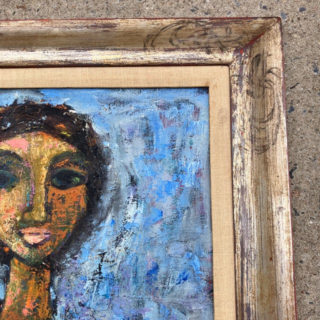 1960’s Original Abstract Expressionist Portrait of Woman With Her Cat Fancy Silver Leaf Frame For Sale In Philadelphia - Image 6 of 9