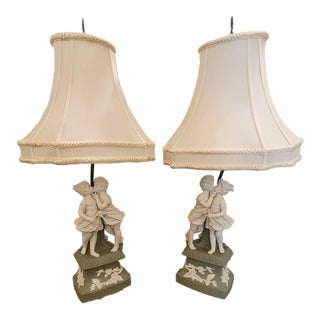 Pair of Early 20th Century Cameo Jasperware-Style Porcelain Lamps For Sale