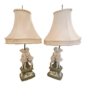 Pair of Early 20th Century Cameo Jasperware-Style Porcelain Lamps