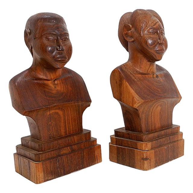 Hand-Carved Wooden Busts of a Man and a Woman, 20th Century, Set of 2 For Sale