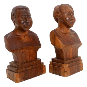 Hand-Carved Wooden Busts of a Man and a Woman, 20th Century, Set of 2