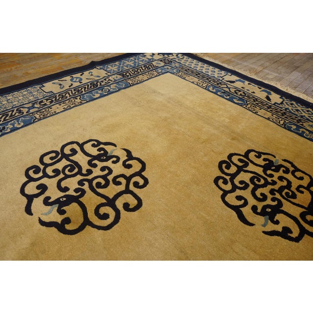 1880s Tan Camel Medallion Antique Chinese Peking Rug 9' X 11'8'' Handknotted Wool Carpet For Sale - Image 4 of 6
