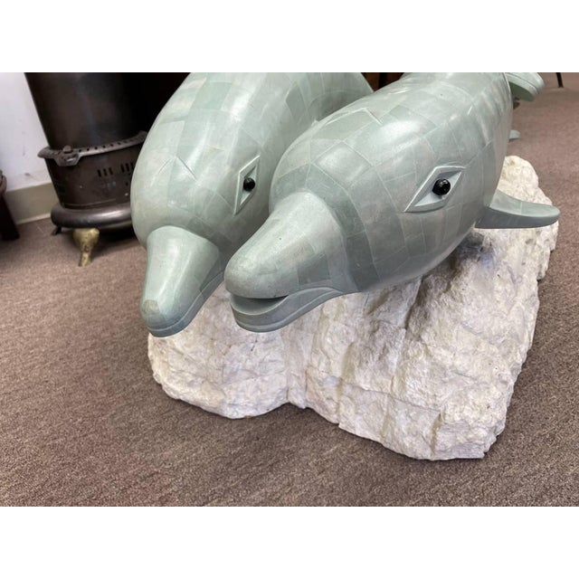 Blue Vintage Sculptural Glass Top Coffee Table, Three Dolphins, Marine Life, Exposed Top Fins, Textured Edge Glass For Sale - Image 8 of 11