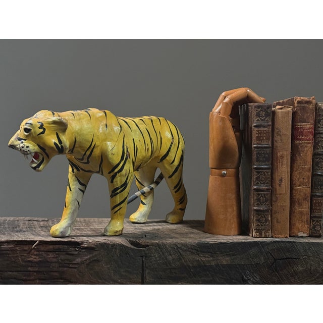 Realism Vintage Folk Art Leather Wrapped Hand Painted Tiger For Sale - Image 3 of 8