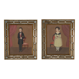 Pair of Vintage Mexican Folk Art Paintings of a Man and a Woman by Oscar Bernach