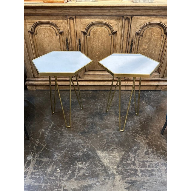 Pair of modern Italian brass and marble hex form side tables. Circa 2000. A favorite of top designers!