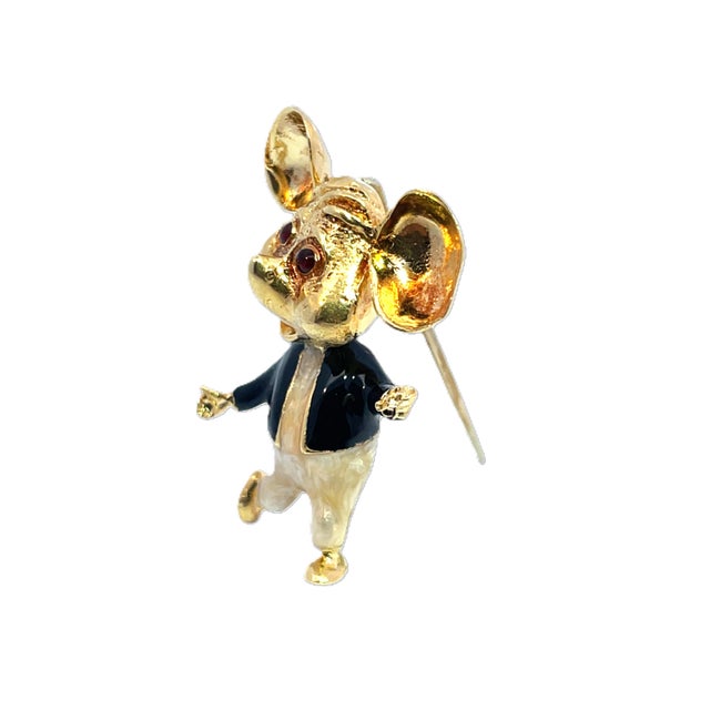 Metal Mid 20th Century 18k Yellow Gold Enamel Coat Wearing Whimsical Mouse Brooch For Sale - Image 7 of 8