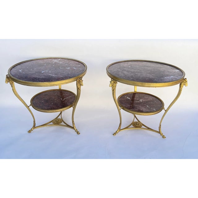 Early 20th Century French Bronze Ormolu Mounting and Rouge Marble Gueridon Table Side Tables- Set of 2 For Sale - Image 9 of 9