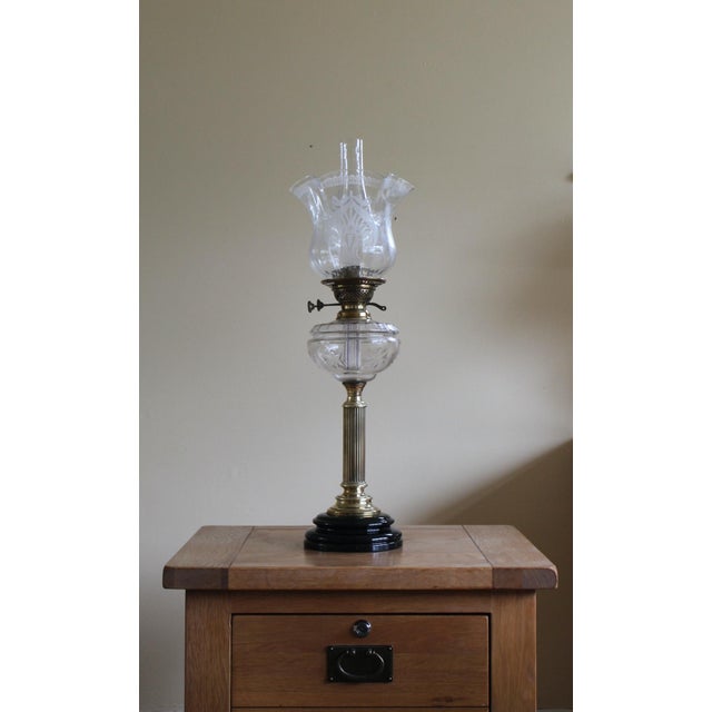 Art Nouveau Oil Lamp with Hand Blown, Etched Glass Shade and Duplex Burner, 1890s For Sale - Image 11 of 13