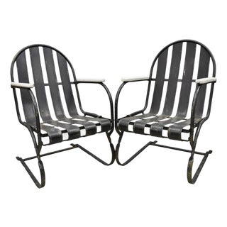 Vintage Art Deco Black and White Steel Metal Strap Patio Bouncer Chairs - A Pair For Sale