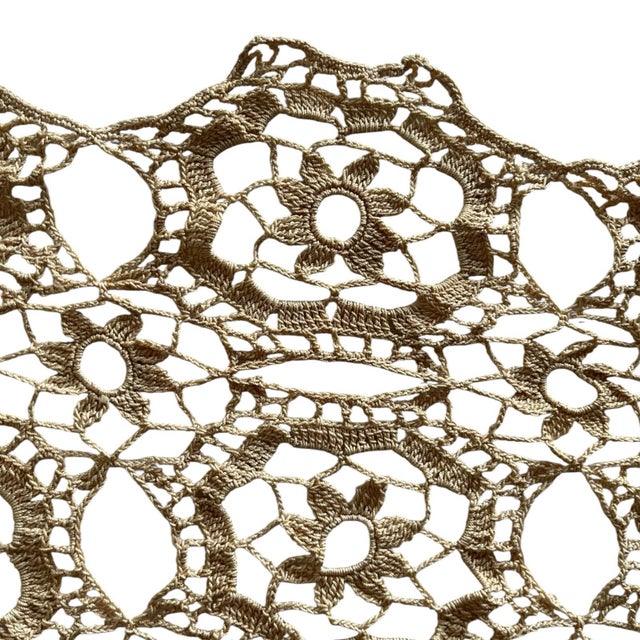 Vintage 71 X 70 Rectangular Crochet Tablecloth Beige Floral Farmhouse Traditional Grandmillennial For Sale In Miami - Image 6 of 6
