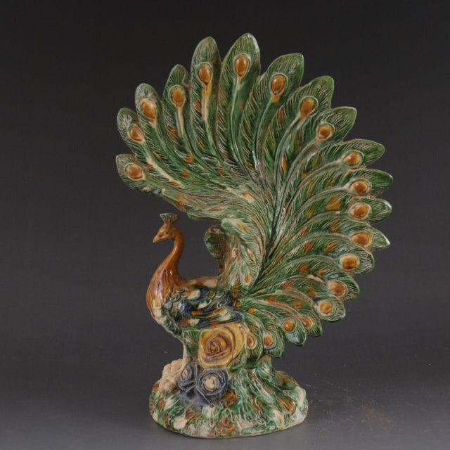 Traditional Vintage Sancai Glazed Peacock Figure – 13.2" Ceramic Bird Sculpture For Sale - Image 3 of 6