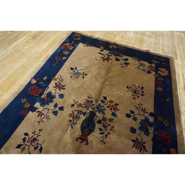 Art Deco 1920s Tan Sand Floral Vase Antique Chinese Art Deco Carpet 5' X 7'10" Woven Rug For Sale - Image 3 of 8
