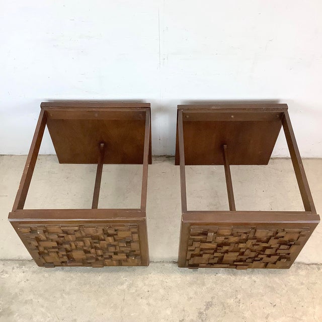 Wood Pair of Vintage Brutalist End Tables With Glass Tops For Sale - Image 7 of 12
