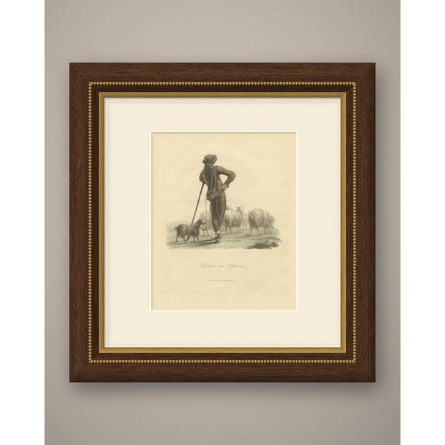 An original antique engraving, colored by hand, from Miss Semple's The Costume of the Netherlands, lettered "Shepherd near...