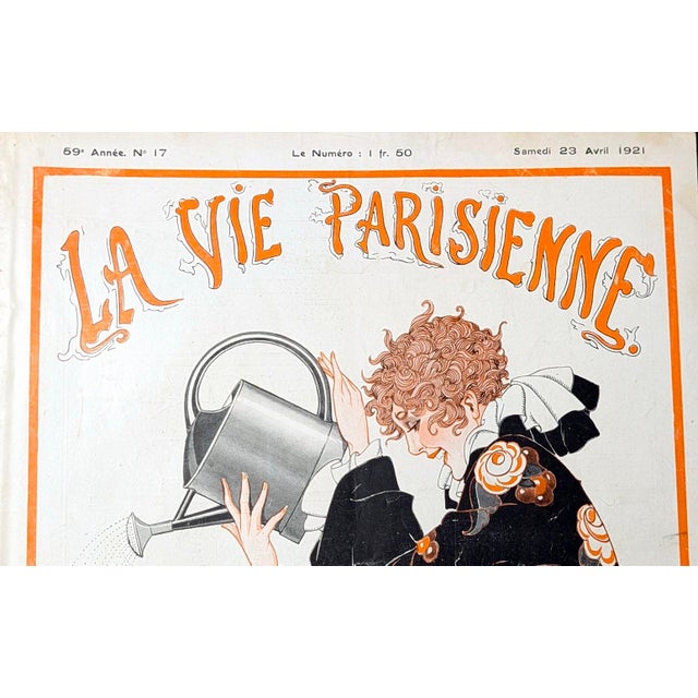 A rare and highly decorative original cover from the celebrated French magazine La Vie Parisienne, dated April 23, 1921,...
