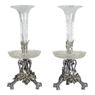 Late 19th Century Silvered Epergnes With Cut Glass Bowls and Tops by Christofle - a Pair For Sale