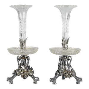 Late 19th Century Silvered Epergnes With Cut Glass Bowls and Tops by Christofle - a Pair