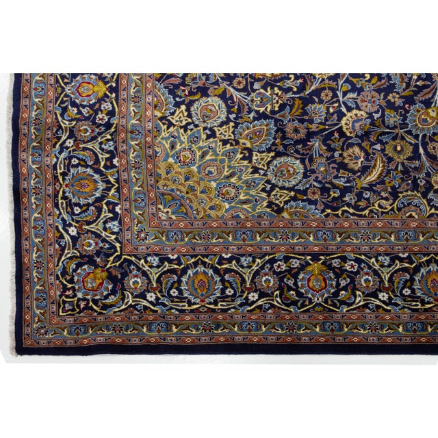 Textile 1950s Hand-Knotted Persian Kashan Rug in Blue For Sale - Image 7 of 12