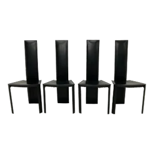 Brazilian Postmodern De Couro Black Leather Dining Chairs - Set of Four
