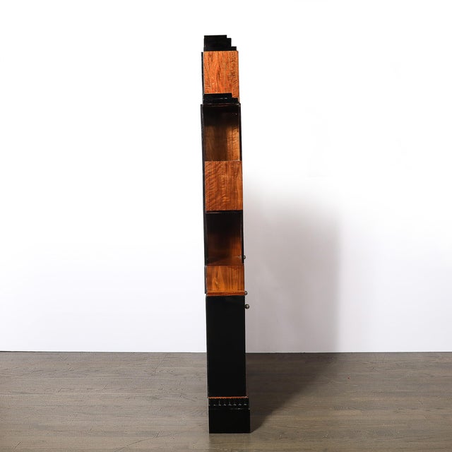 Brown 1930s Art Deco Walnut & Black Lacquer Skyscraper Style Bookshelf With Chrome Pulls For Sale - Image 8 of 12