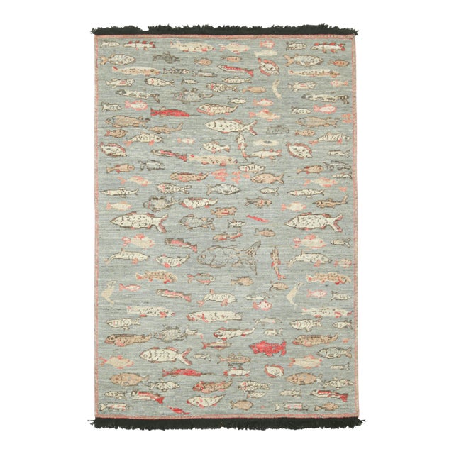 Rug & Kilim’s Pictorial Art Rug in Blue With Polychromatic Fish Illustrations For Sale
