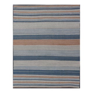 Striped Kilim Blue and Brown Hand Woven Wool by Keivan Woven Arts 9'3 X 12'0 For Sale