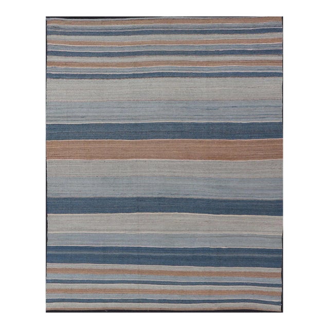 Striped Kilim Blue and Brown Hand Woven Wool by Keivan Woven Arts 9'3 X 12'0 For Sale