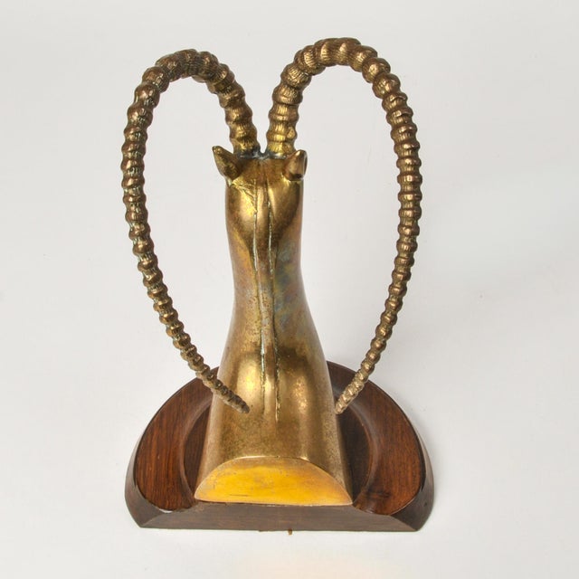 Mid 20th Century Huge Brass Gazelle Bust on Wood Single Bookend Made in Spain For Sale - Image 12 of 15