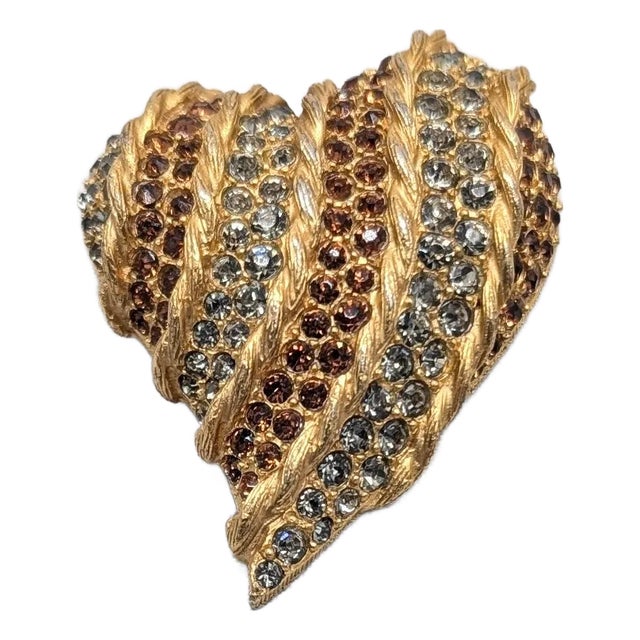 Vintage 1960s Signed Rifas Faux-Topaz & Clear Rhinestone Heart Brooch For Sale