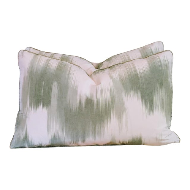 Pierre Frey La Grandiere in Topiaire Green Lumbar Pillows With Cord- Pair For Sale