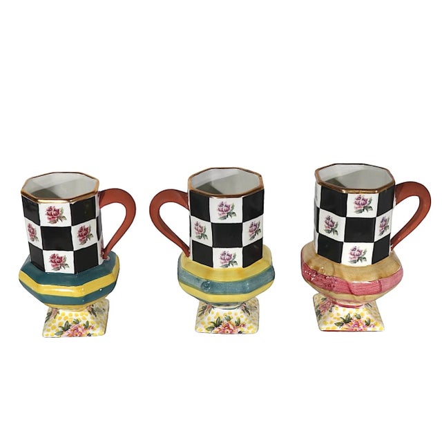 Postmodern Group of Three Pedestal Coffee Tea Mugs by McKenzie Childs C 1995 For Sale - Image 3 of 12