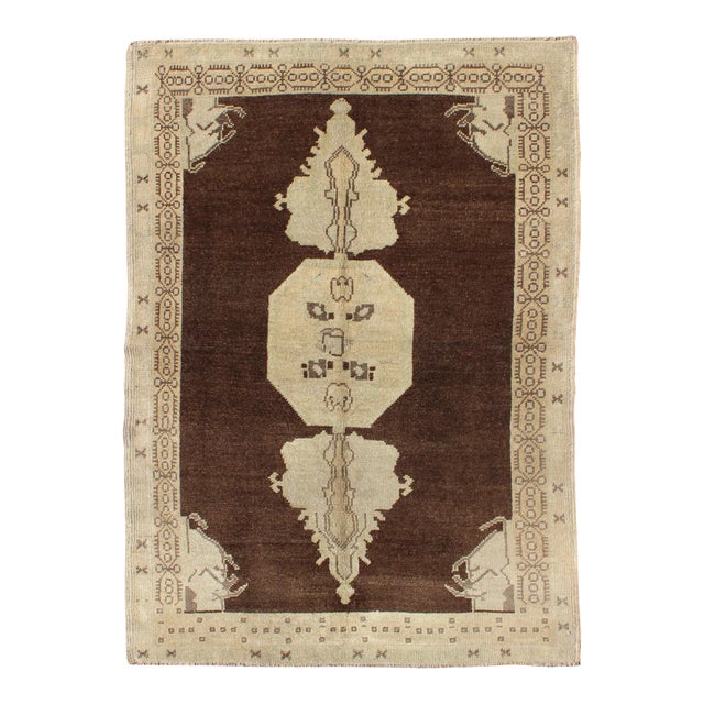 Mid 20th Century Brown and Natural Tone Medallion Design Oushak Vintage Rug From Turkey For Sale