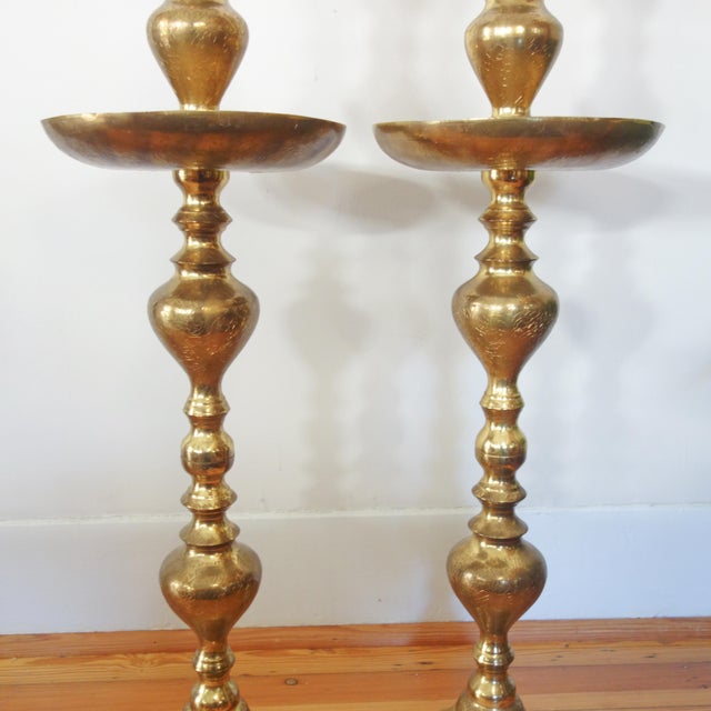 1960s Moroccan Brass Altar Candles Holders, Pair Floor Pillar