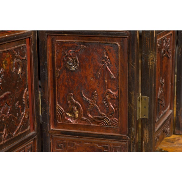 Wood Early 20th Century Chinese Brown & Red 8-Panel Screen with Calligraphy - Set of 8 For Sale - Image 7 of 13