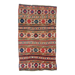 1880s Antique Large Kilim Rug Geometric Red Cream Blue Navy Wool Flatwoven Rug - 5'2" X 8'9" For Sale