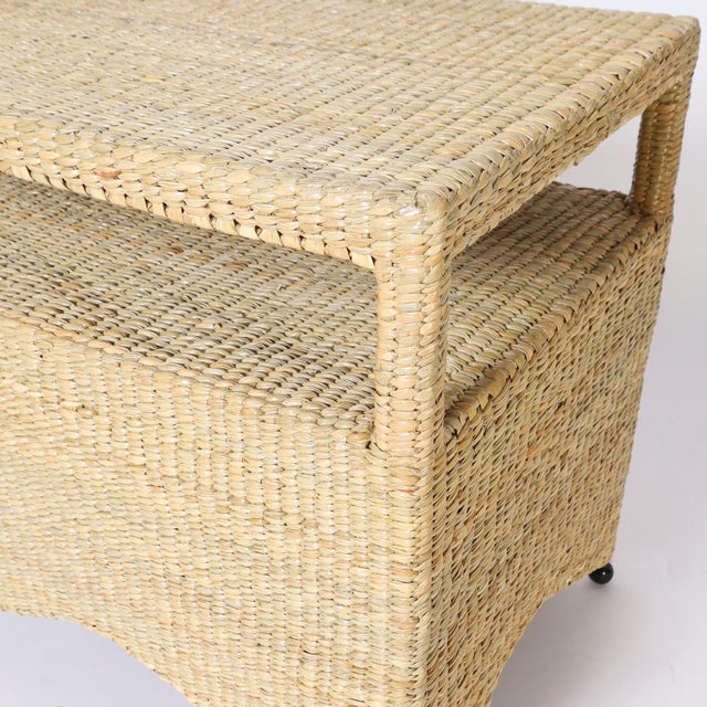 Tan Pair of Two Tiered Wicker Stands of Tables For Sale - Image 8 of 9