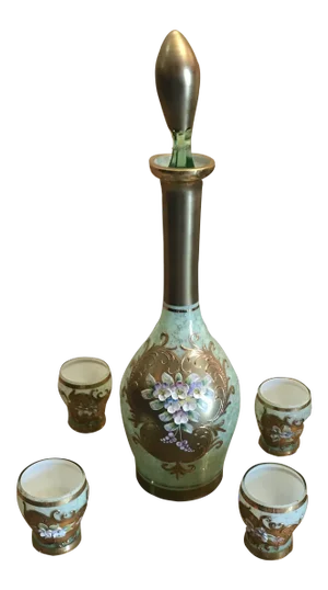 Vintage Gold Floral Embossed Decanter With Four Glasses