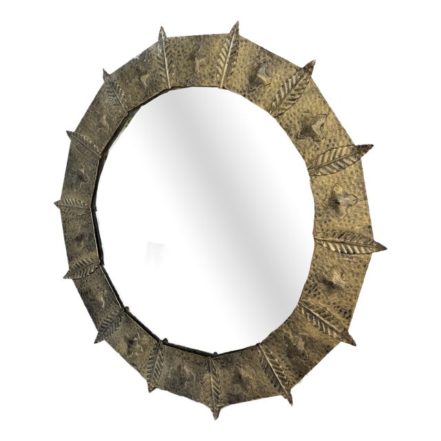 Brutalist Round Hammered Gold-Tone Metal Mirror, 1950s For Sale