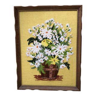 Vintage Framed Daisy Needlepoint For Sale