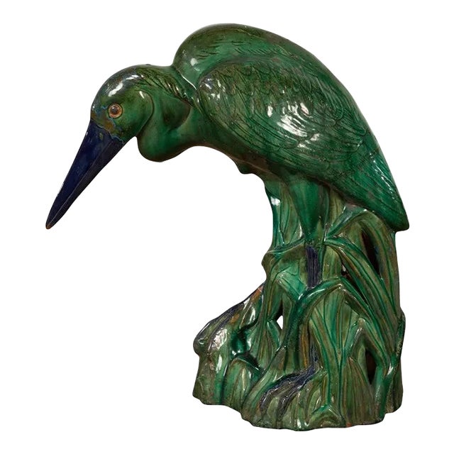 Vintage Lifesize Chinese Green & Blue Glazed Ceramic Heron Bird Sculpture For Sale