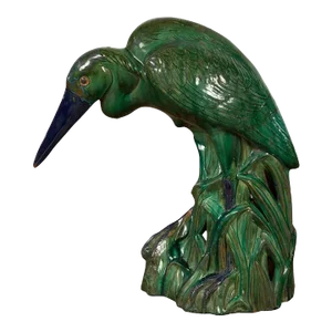Vintage Lifesize Chinese Green & Blue Glazed Ceramic Heron Bird Sculpture