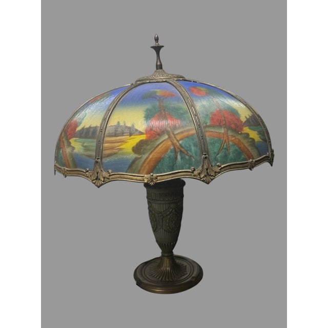 Antique Reverse Painted Glass 8 Panel Table Lamp Landscape Shade For Sale - Image 10 of 11