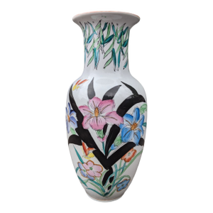 Vintage Chinoiserie Porcelain Botanical and Butterfly Asian Vase