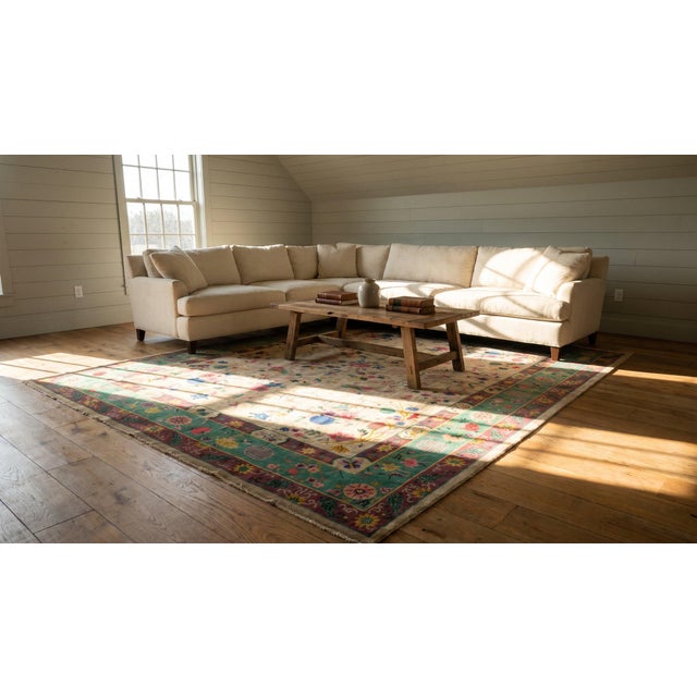 1920s Ivory Green Floral Modern Antique Chinese Art Deco Rug 9'2" X 11'7" Handknotted Wool Carpet For Sale - Image 18 of 18