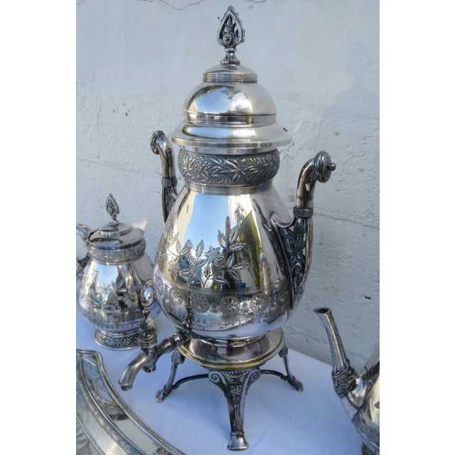 Metal Late 20th Century Meriden Silver Plated Serving Tea Tray Set With Pairpoint Pitcher and Cup 4483b For Sale - Image 7 of 18