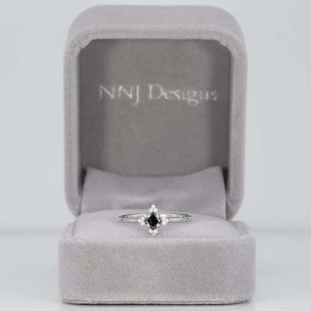 Modern Black Diamond Ring With Diamond Accents in Solid 14k Gold, Asscher Cut 3.6mm, Size 6.75 For Sale - Image 3 of 9