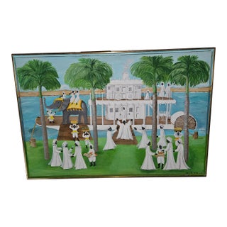 Rare Folk Art Painting of Procession on the Nile by Mari Boies Watts From Oldwick Nj For Sale